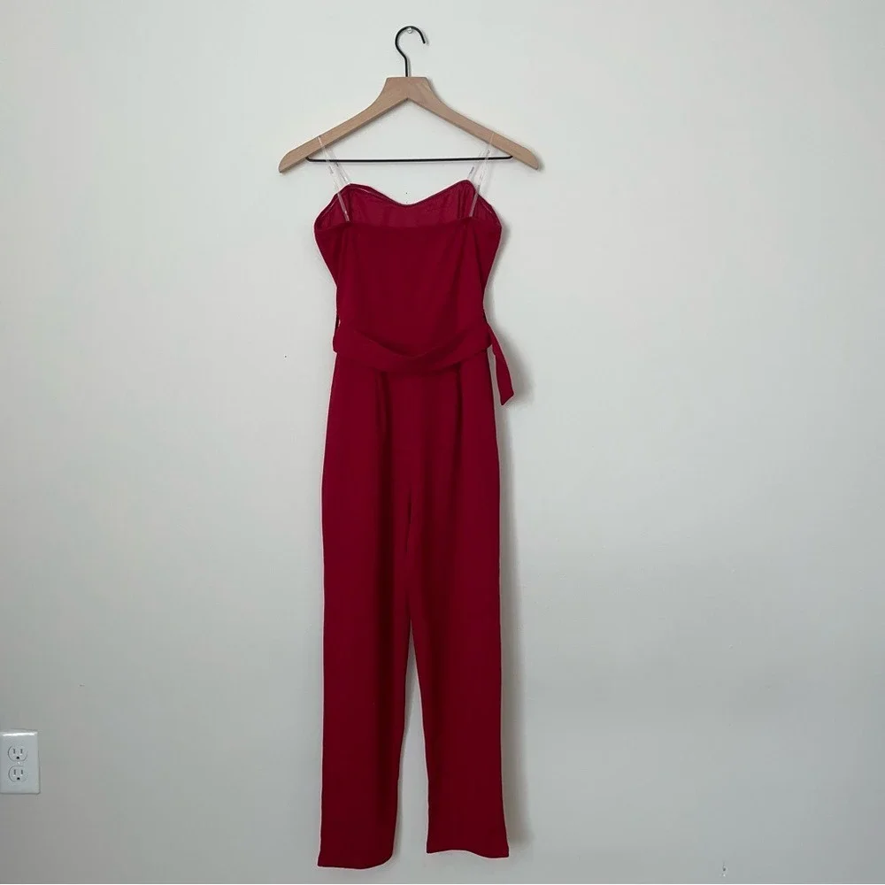 Red Strapless Jumpsuit with Belt‎ and Pockets - Picture 5 of 9